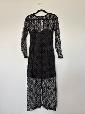 Chelsea 28 Black Sheer Polka Dot Mesh Midi Dress Long Sleeve Layered Romantic